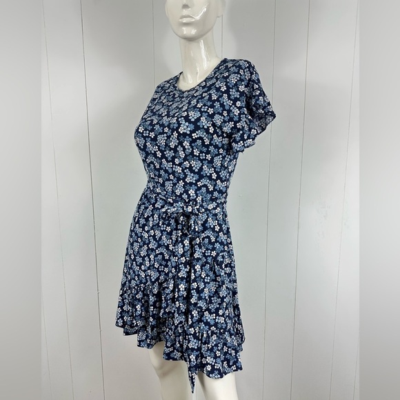 Michael Kors Womens Floral Tie Waist Ruffled Dress Size XS Flutter Sleeve Blue - Picture 8 of 9